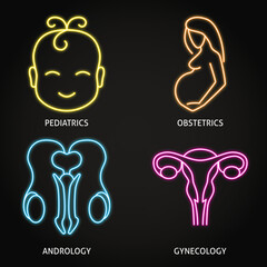 Neon gender and pregnancy icon set