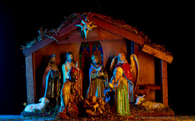 Jesus in manger. Christmas scene. Religious Christmas scene of baby Jesus in the manger with...