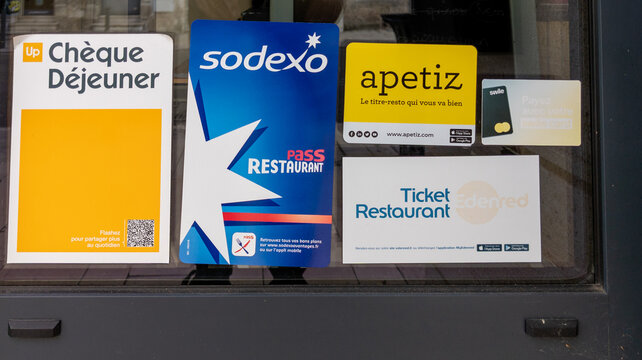 Ticket Restaurant Edenred brand cheque dejeuner logo and text apetiz sign  and sodexo brand swile card Photos | Adobe Stock