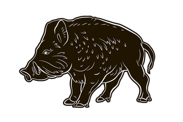Animals. Black and white image of a large wild boar. Vector drawing.