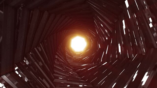 A rotating dark metal tunnel with walls of ribs and lines in the form of an octagon with reflections of luminous rays. Abstract background. Video in high quality 4k, motion design