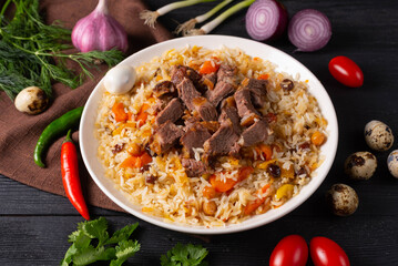Uzbek national dish pilaf with meat