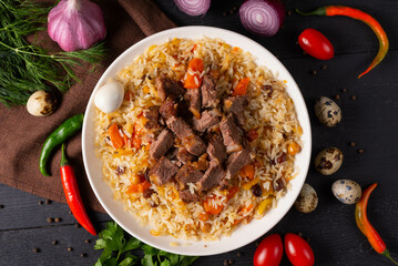 Uzbek national dish pilaf with meat