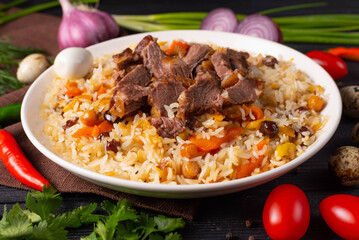 Uzbek national dish pilaf with meat