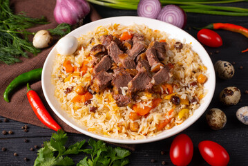 Uzbek national dish pilaf with meat