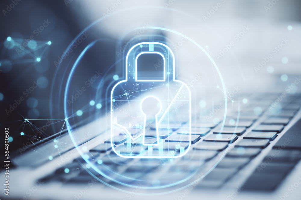 Poster Cyber security and internet protection concept with digital pad lock symbol in a circle on modern laptop keyboard background
