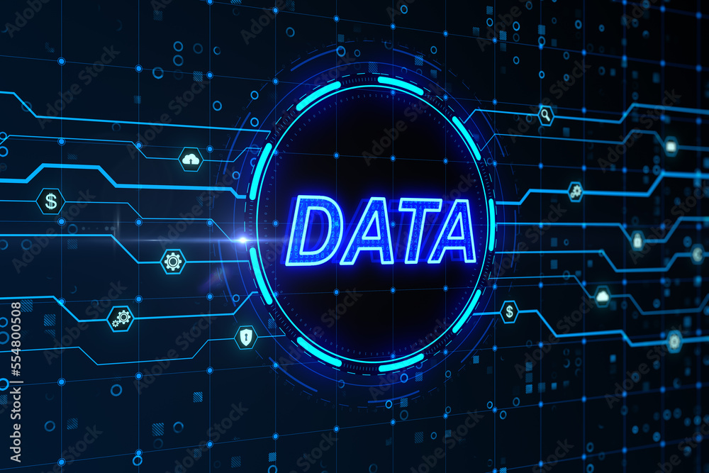 Poster Glowing digital data hologram on blurry background. Technology, information and innovation concept. 3D Rendering.