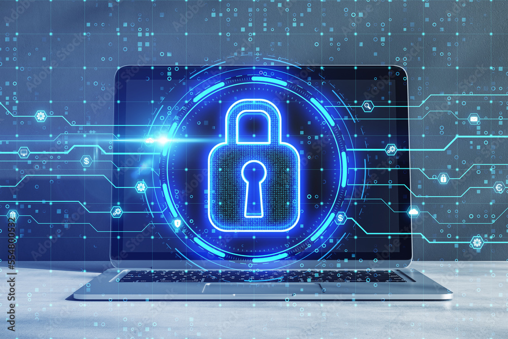 Poster close up of laptop on desktop with glowing circuit padlock sign on blurry background. safety, secure