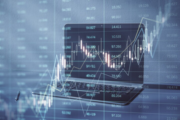 Close up of notebook with glowing forex index chart/graph on blurry background. Trade, finance and market concept. Double exposure.