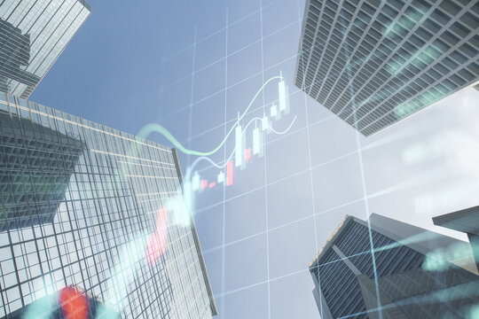 Creative glowing forex index chart/graph on toned dark city wallpaper. Trade, finance and market concept Double exposure.