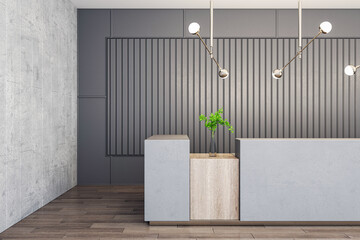Front view on concrete reception desk with green plant in glass vase on wooden surface in stylish spacious office hall with modern lamps on top and slatted grey wall background. 3D rendering