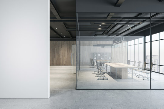 Front view on light grey wall in modern interior design office hall with conference room behind glass partitions, wooden walls background and city view from panoramic window. 3D rendering, mockup