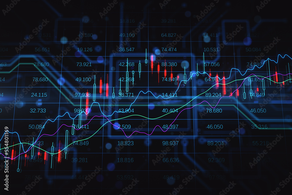Poster Investing and trading concept with growing up forex market candlestick and graphs on dark background with brief financial statement. 3D rendering