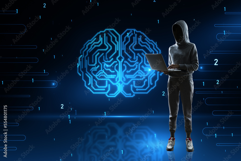 Poster Hacker using laptop with abstract glowing human brain hologram on blurry background. Neurology research, hacking, data theft and artificial intelligence concept.