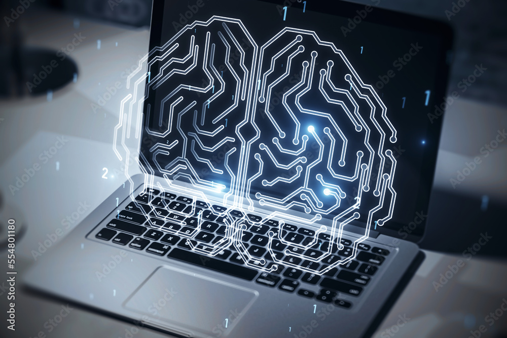 Poster Close up of laptop computer on desktop with glowing human brain hologram on screen and blurry background. Neurology research and artificial intelligence concept. 3D Rendering.