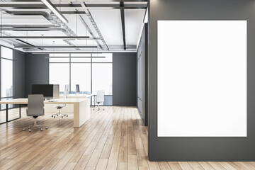 Front view on blank white poster with place for your logo on dark wall background in spacious office with eco interior design, light wooden floor, loft ceiling and big window. 3D rendering, mock up