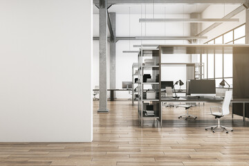 Modern loft concrete and wooden coworking office interior with empty mock up place on wall, furniture and window with city view. 3D Rendering.