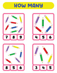 Count how many pencils. Write down the answer. Educational games for kids.