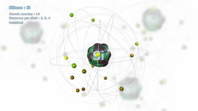 Atom of Silicon with 14 Electrons in infinite orbital rotation on white with atoms