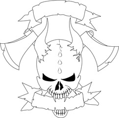 Skull with crossing axes and scrolls