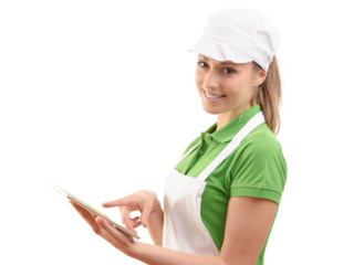 Female sales clerk with tablet at supermarket