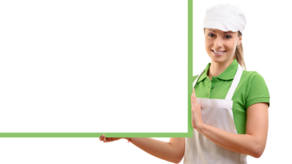 Female sales clerk with green sign