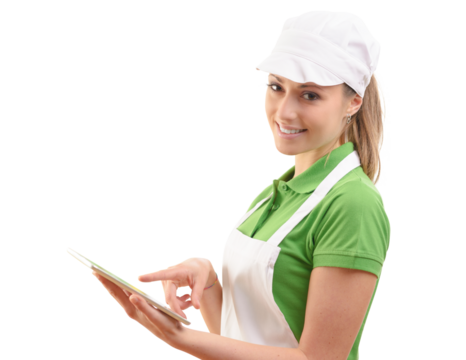 Female sales clerk with tablet at supermarket - Powered by Adobe