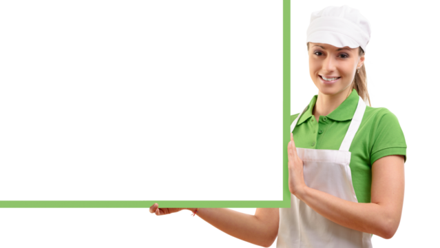 Female sales clerk with green sign