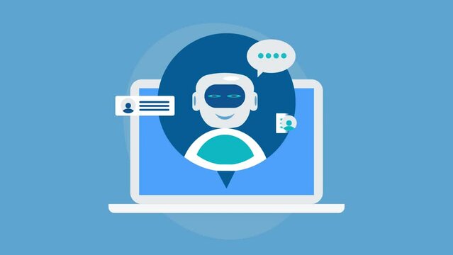 Virtual chat assistant artificial intelligence robot having conversation on laptop screen communication technology.