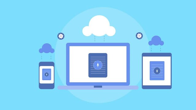 Digital devices connected through cloud computing service, uploading and downloading data business technology animation.