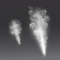 Hot smoke steam rising in the air on a transparent background. White steam explosion realistic vector file.