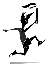 Running man holds a torch illustration. 
Smiling running young sportsman with a torch of sport. Black on white background
