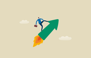 Startup, rocket, arrow. Get a Job or Start a Business. Startup vision or empowerment leadership. Businessman standing on an arrow up in the sky. Illustration