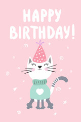 Birthday card for girl. Postcard with the image of a cat with a pink greeting card, inscription. Vector illustration.