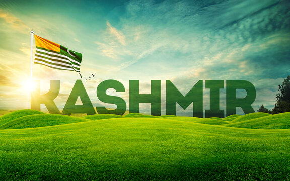 kashmir green mountains with kashmir typo with kashmir flag.