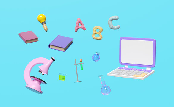 3d laptop computer monitor with microscope, beaker, test tube, character ABC clay toy icon float isolated on blue background. room online innovative education, 3d render illustration, clipping path