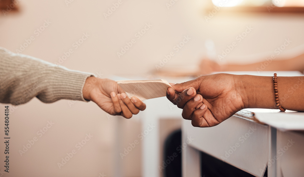 Poster hands, students pass note in classroom, communication and secret at school with message on paper. ed