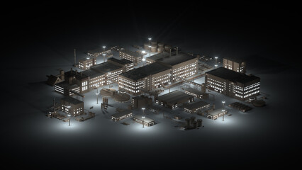 Plant in isometric view on dark background. Industrial buildings at night on a black background. Lantern poles illuminate factory with glowing windows. 3d illustration