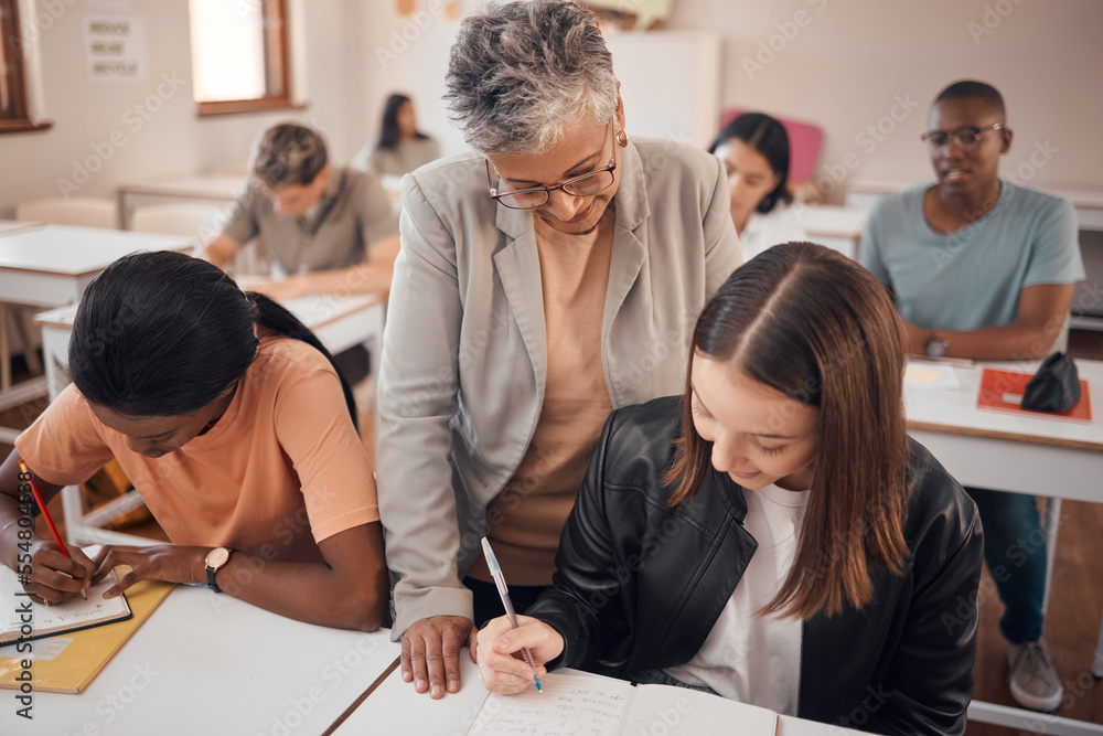 Canvas Prints Help, classroom and professor with writing student in learning, mentorship and teaching at university, college or school. Knowledge, language and notes of a teacher with young woman for youth support