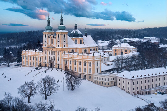 Winter, aerial, side view of the Pilgrimage church of Minor Basilica of the Visitation of the Blessed Virgin Mary covered with snow. A pilgrimage site. Winter, snowy view,  Christmas holidays in Czech