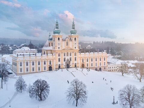 Winter, aerial, side view of the Pilgrimage church of Minor Basilica of the Visitation of the Blessed Virgin Mary covered with snow. A pilgrimage site. Winter, snowy view,  Christmas holidays in Czech