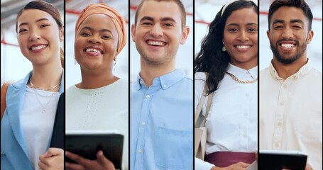 Collage, diversity and happy business people with tablet technology, data analytics and global economy in marketing agency. Portrait, smile and split screen of international workers with digital app - Powered by Adobe