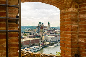 Germany, Bavaria, Passau, View from brick window of Veste Oberhaus fort
