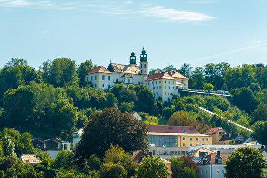 Germany, Bavaria, Passau, View of Wallfahrtskirche Mariahilf church and surrounding trees in summer
