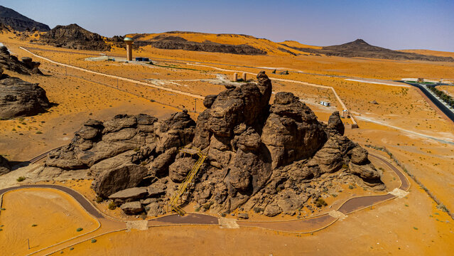 Saudi Arabia, Hail Province, Jubbah, Aerial view of sandstone outcrops of Jebel Umm Sanman