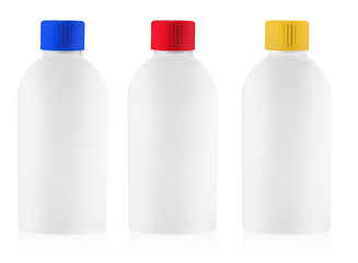 white plastic bottle with colored cover on white background
