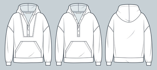 Hoodie technical fashion illustration. Hoodie Sweatshirt fashion flat technical drawing template, pocket, button closure, front and back view, white, women, men, unisex CAD mockup set. © Liubov Hladka