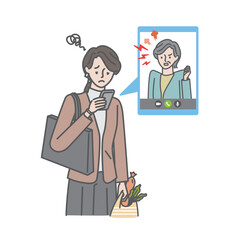 スマートフォンのビデオ通話で母（義母）の愚痴を聞かされる会社帰りの女性
