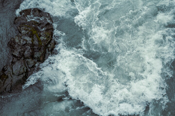 Obraz premium Swirling Hvira river with rock landscape photo. Beautiful nature scenery photography with water flow on background. Idyllic scene. High quality picture for wallpaper, travel blog, magazine, article