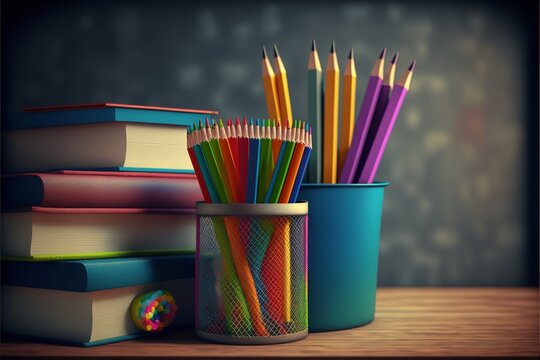 International education day theme background with black board, pencil, books. Education day background with study elements.